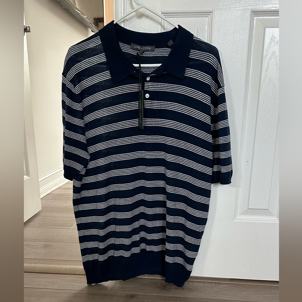 White Navy stripe Linen Cotton Polo sweater